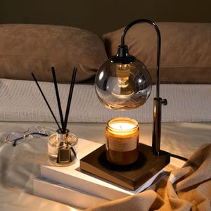 LUXGARDEN Electric Candle Warmer Lamp Candle Lamp with Timer and Dimmer Fragrance Diffuser Scented Candles Wax Melter, Black Glass & Marble