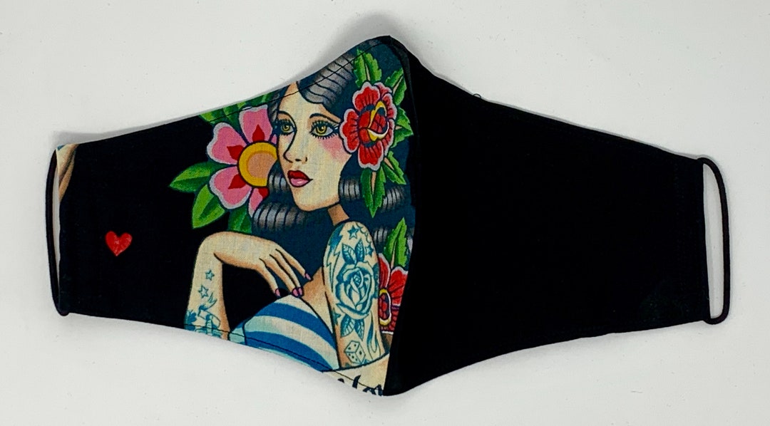 Face Mask Tattoo Pinup Girl Two Layer Cotton Fabric Etsy