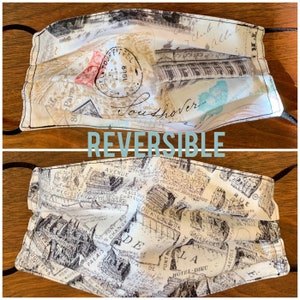 Réversible vintage Paris Street Map Face Mask - vintage Paris Print On One Side with Paris Street Map On The Reverse, With Nose Wire Option