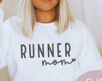 May include: White sweatshirt with the text "RUNNER mom" in gray lettering with a small heart after "mom".  SVG file for cutting machines. PNG file included.
