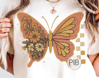 Boho Schmetterling PNG: Beunruhigt Wildblumen Sublimationsdesign (kommerzielle Nutzung erlaubt)