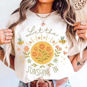 Lassen Sie den Sonnenschein in PNG, niedliche Biene Blumensublimationsdesign, Retro Sun Shirt Clipart, Boho Positives Zitat PNG, Sommer Digital Art