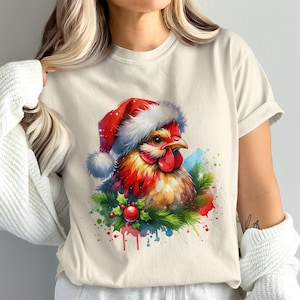 Świąteczny kurczak w stylu bożonarodzeniowym Png Art, zabawna ilustracja kurczaka w sezonie świątecznym, projekt ptaka w czapce Mikołaja, popularny plik PNG koguta na koszulki