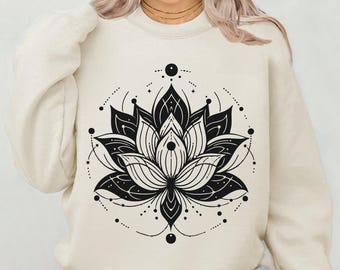 May include: A cream colored sweatshirt with a black and white graphic of a lotus flower with geometric details.