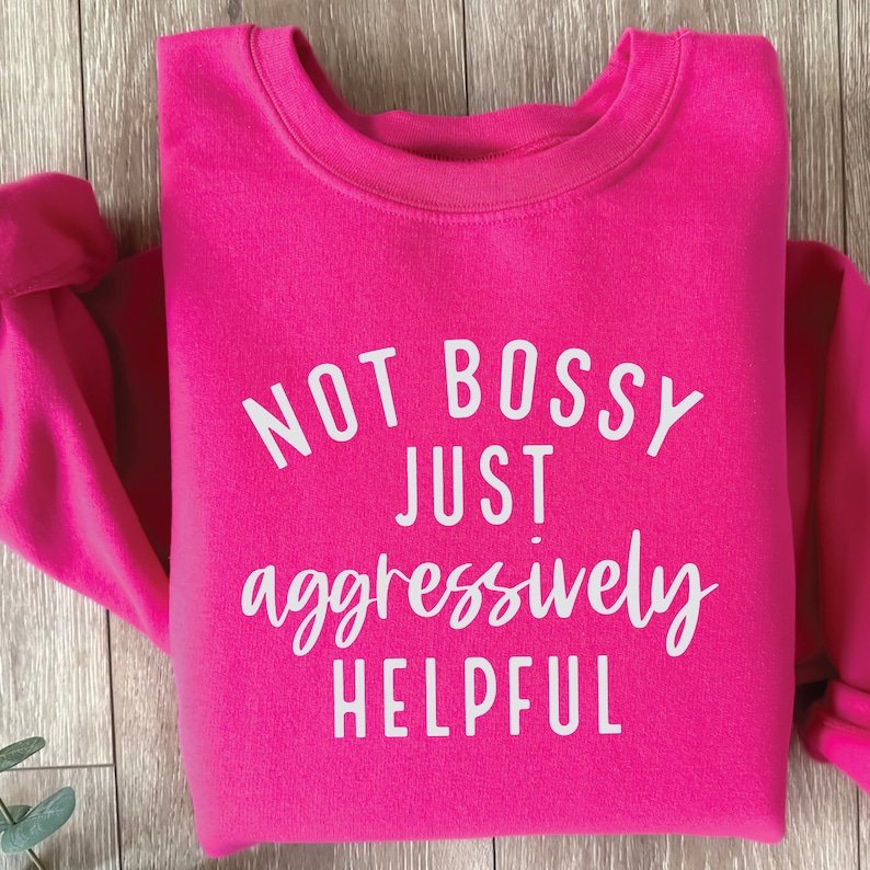 May include: A pink sweatshirt with the text "NOT BOSSY JUST aggressively HELPFUL" printed in white.