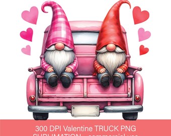 Gnomos de San Valentín en un camión rosa PNG: Diseño de camiseta y taza (Descarga digital)