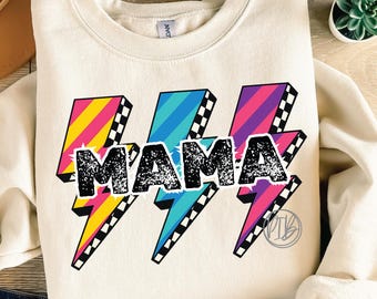 Retro Mama Shirt PNG: Distressed Lightning Bolt Sublimation Design (Digital Download)