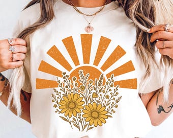 Boho Blumen Herbst Sonne PNG: Distressed Wildblumen Sublimation (Digitaler Download