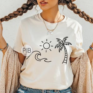 Minimalist Beach PNG for Shirt, Summer Line Art Sublimation Design, Palm Tree Wave Sun PNG, Coastal Vacation Shirt Graphic