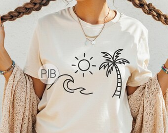 Minimalist Beach PNG: Palm Tree, Wave, Sun - Sublimation Design