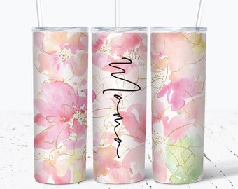 Tumbler Wrap Mama Png 20oz Tumbler Png Design Sublimation Png Floral Pink And Gold Watercolor 9.3 x 8.2” Straight Skinny Tumbler Wrap PNG