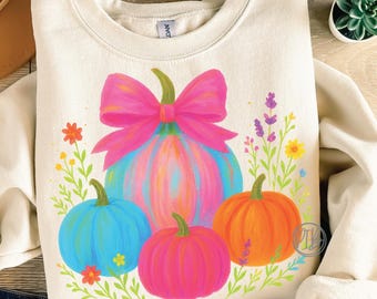 Neon Halloween Pumpkin PNG: Boho Floral Fall Sublimation Design (Digital Download