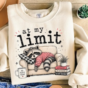 May include: A cream-coloured crewneck sweatshirt featuring a graphic of a raccoon in a pink sweater resting on a chair. The text reads at my limit. A mug labelled no people today and a stack of books labelled introvert in recovery do not disturb.