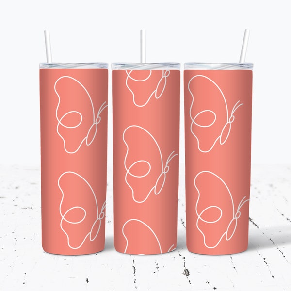 Hand-Drawn Butterfly Png 20oz Tumbler Design Sublimation PNG Pink Salmon Watercolor Tumbler Wrap 9.3 x 8.2” Straight Skinny Tumbler Wrap PNG