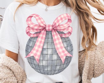 New Years Eve Disco Ball PNG: Pink Gingham Bow Clipart (Digital Download)