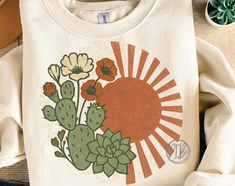 Camiseta Boho Cactus PNG: Gráfico de sublimación del sol del desierto (Descarga digital)