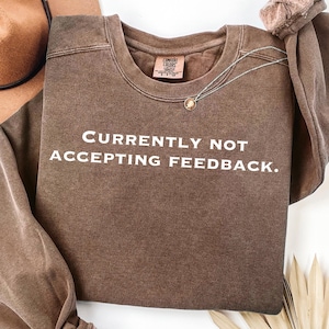Può includere: Una felpa marrone Comfort Colors con la scritta bianca "CURRENTLY NOT ACCEPTING FEEDBACK". Una collana d'argento con un ciondolo è drappeggiata sul davanti. Un cappello marrone è visibile sullo sfondo.