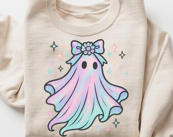 Pastel Iridescent Ghost PNG: Kawaii Clipart with Bow (Digital Download