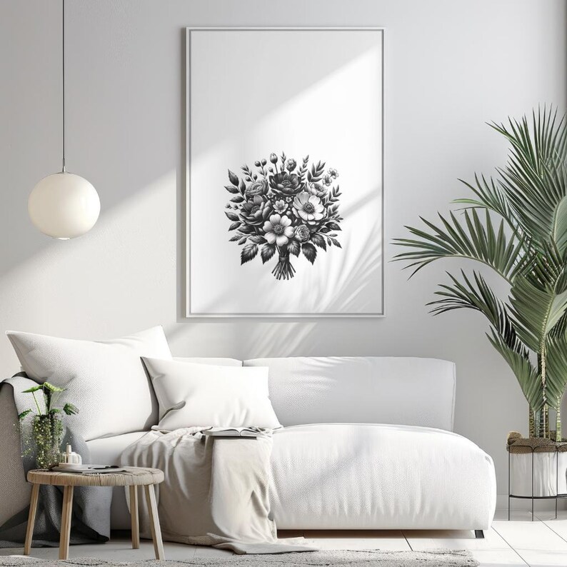 Floral Bouquet Clip Art Png, Black and White Flower Clipart, Digital