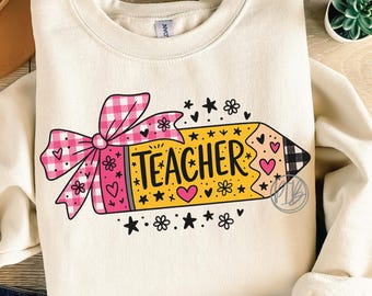 Teacher Shirt PNG: Pencil & Pink Gingham Bow - Back to School (Digital Download)