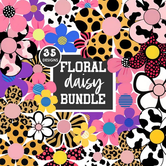 BOOTLEG CD 花柄アートワーク 花柄デイジー PNG クリップアート バンドル: ヒョウ柄の花のデザイン