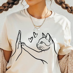 Cat High Five PNG, Minimalist Hand and Cat Paw Line Art | Aesthetic Cat Lover Shirt Design Sublimation