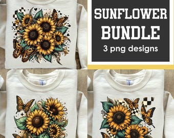 Puede incluir: Tres diseños con girasoles y mariposas en una sudadera de color crema. Los diseños incluyen un patrón a cuadros, hojas verdes y corazones. SUNFLOWER BUNDLE 3 diseños png.