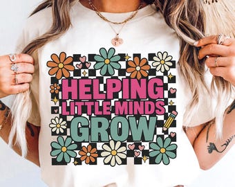 Retro Teacher Shirt Design: Helping Little Minds Grow PNG (Digital Download)