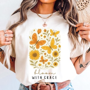 Bloom With Grace Clipart Png, Sonnenblume Schmetterling Shirt Design, Boho Christian, inspirierende Sublimation, Herbst Cottagecore digitale Kunst