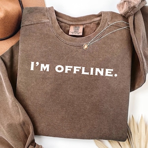 以下が含まれることがあります： 「I'M OFFLINE」の白い文字が入った茶色のクルーネックのスウェットシャツ。ペンダント付きのシルバーのネックレスが前面にかけられています。スウェットシャツにはComfort Colorsのタグが付いています。
