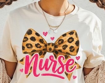 Leopard Bow Nurse PNG: Sublimation Design for Shirts (Digital Download