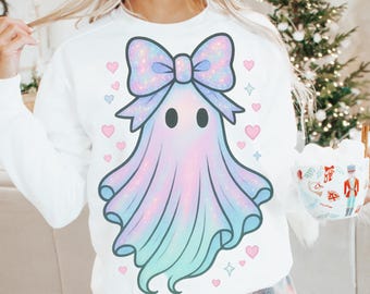 Iridescent Pastel Ghost PNG: Kawaii Clipart with Bow (Digital Download)