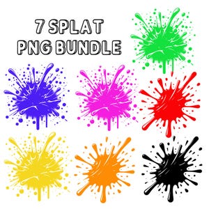 May include: Seven colorful paint splatters in various shapes and sizes. The colors are green, blue, pink, red, yellow, orange, and black.