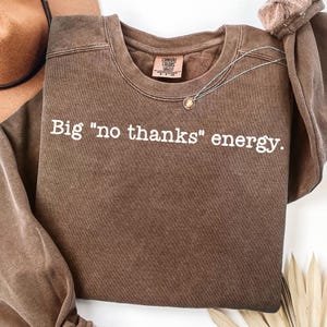 May include: A brown Comfort Colors sweatshirt with the phrase "Big "no thanks" energy" printed in white. A silver necklace with a pendant is draped across the front. A brown hat is visible in the background.
