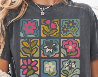 Checkerboard flowers png, retro daisy 70s groovy floral, distressed shirt sublimation design (Digital Download)