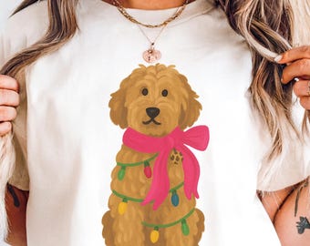 Weihnachtshund PNG - Doodle mit Schleife & Lichtern (Digitaler Download)