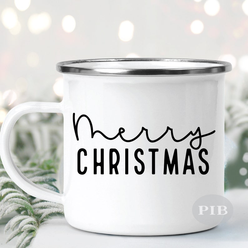 May include: White enamel mug with a black inscription that reads "Merry Christmas".