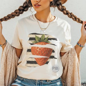 Popular Strawberry Brushstroke PNG, Vintage Fruit Sublimation Design, Rustic Strawberry Clipart with Black Stripes for Shirts & Totes