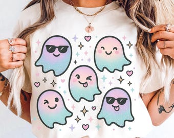 Clipart PNG fantôme irisé pastel : graphismes Halloween kawaii (téléchargement numérique)