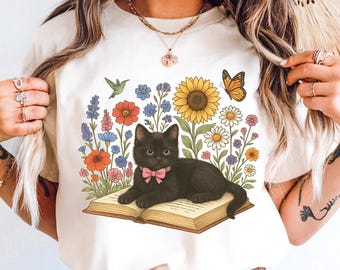 Black Cat PNG: Floral Book Lover Clipart, Cottagecore Design (Commercial Use Allowed)
