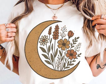 Boho Blumen Herbst Mond PNG: Distressed Wildblumen Sublimation (Digitaler Download)