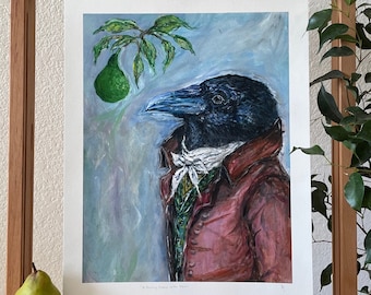 A Fancy Crow with Pear- Fine Art Prints- Whimsical Wall Art Crow Bird Wall Print Nature