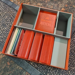 Könnte beinhalten: Eine orangefarbene Pappbox mit grauen Trennwänden zum Organisieren eines Exploding Kittens Kartenspiels. Die Box enthält mehrere Kartendecks, darunter Exploding Kittens und ein Deck mit der Aufschrift "Exploding Kittens".