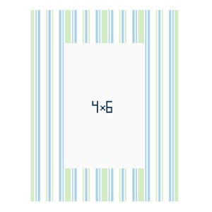 May include: A white picture frame with a striped pattern in light blue and green. The frame is designed to hold a 4x6 inch photo. The vertical stripes create a clean and simple design.