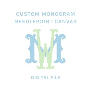 May include: A digital file featuring a custom monogram needlepoint canvas design. The monogram is composed of the letters "N" and "W" in light blue and green, set against a white background. The text "CUSTOM MONOGRAM NEEDLEPOINT CANVAS" and "DIGITAL FILE" are also present.