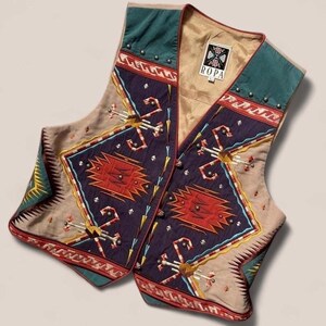 Vintage Hairston Roberson Ropa Vest Womens Large Blue Western Aztec Embroidery