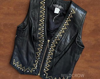 Vintage Silver Mesa Studded Leather Western Vest – Black Zip Front