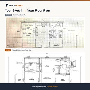 Könnte beinhalten: Eine Vergleichsgrafik mit dem Titel VisionHomes Your Sketch to Your Floor Plan. Der obere Bereich zeigt einen handgezeichneten architektonischen Grundriss auf kariertem Papier. Der untere Bereich zeigt einen professionellen digitalen Grundriss.