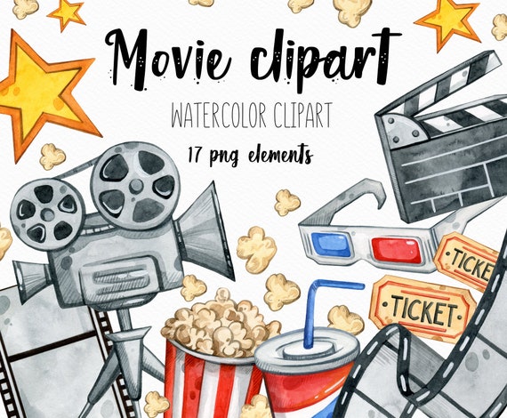 Movie Night Clipart Cinema Watercolor Clipart Movie Clip | Etsy