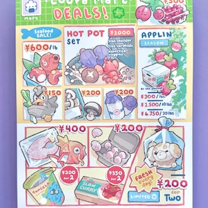 Puede incluir: Un folleto ilustrado colorido titulado Loofa Mart Deals que presenta varios alimentos y criaturas con precios en yenes. El diseño de cuadrícula muestra mariscos, sets de hot pot, manzanas y otros productos con etiquetas de texto como Seafood Sale y Applin Season.